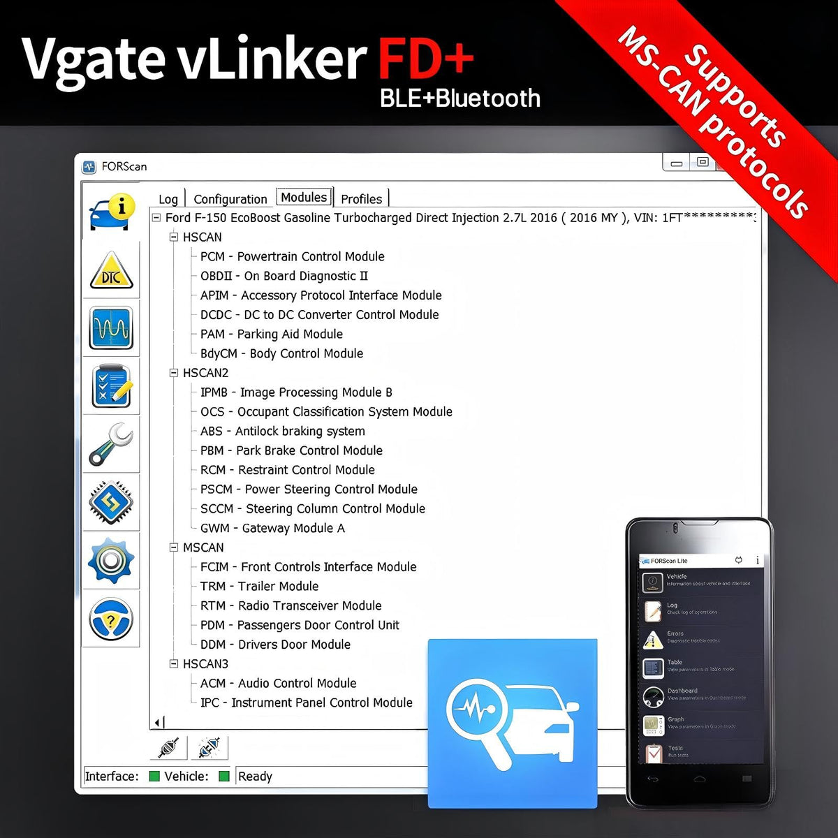 Vgate vLinker FD+ angled connector detail highlighting durable construction and contact reliability
