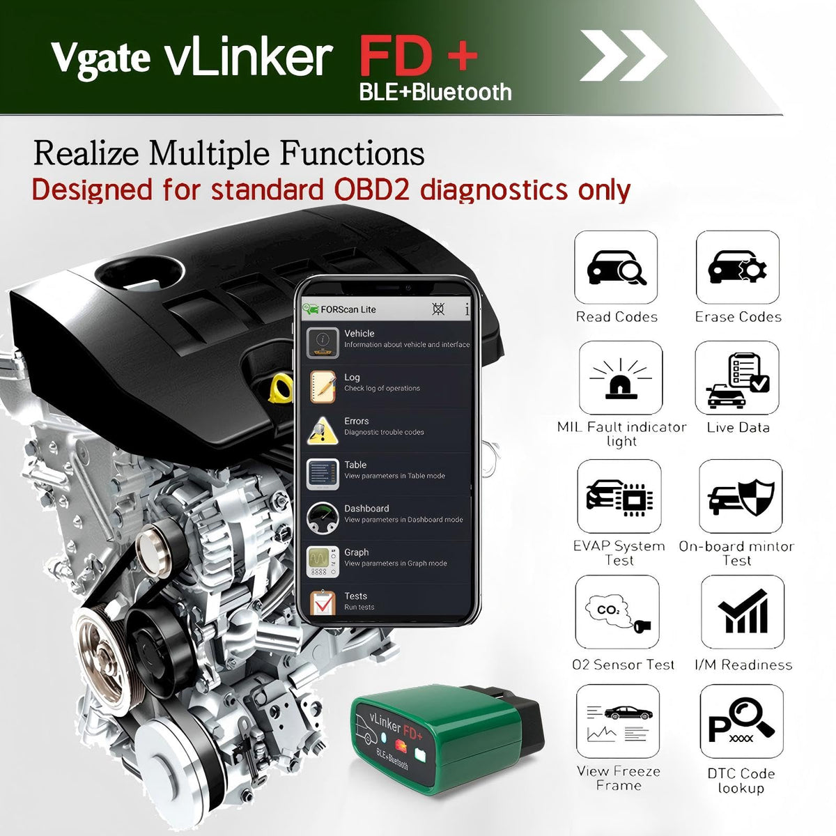 Vgate vLinker FD+ next to car key for scale showing small footprint and portability