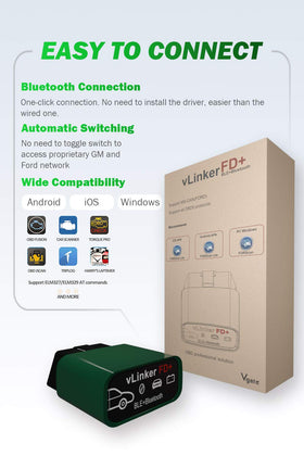 vgate vLinker FD Plus plugged into car OBD port with phone for fast diagnostics benefit