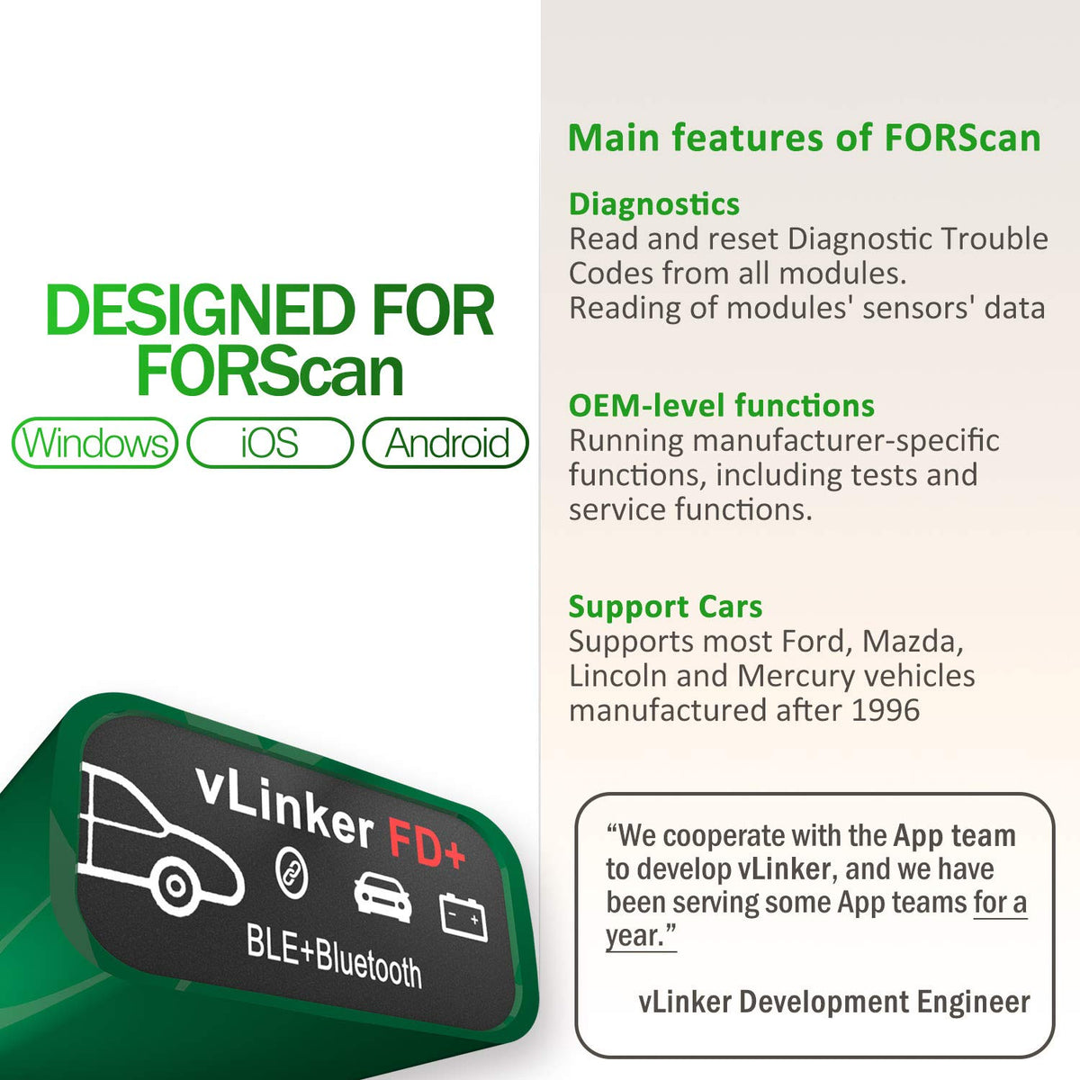 vgate vLinker FD Plus LED and label detail displaying model and upgradeability benefit