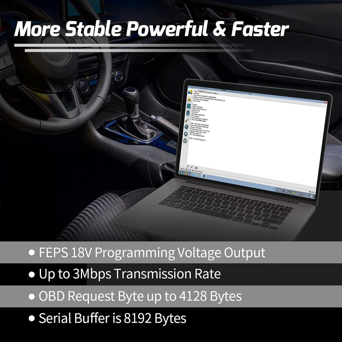 Vgate vLinker FS cable and USB detail showing durable cable and stable USB connection benefit consistent data