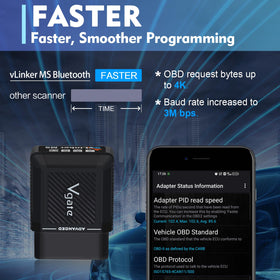 Vgate vLinker MS connector detail highlighting secure OBD2 pin fit and reliable connection