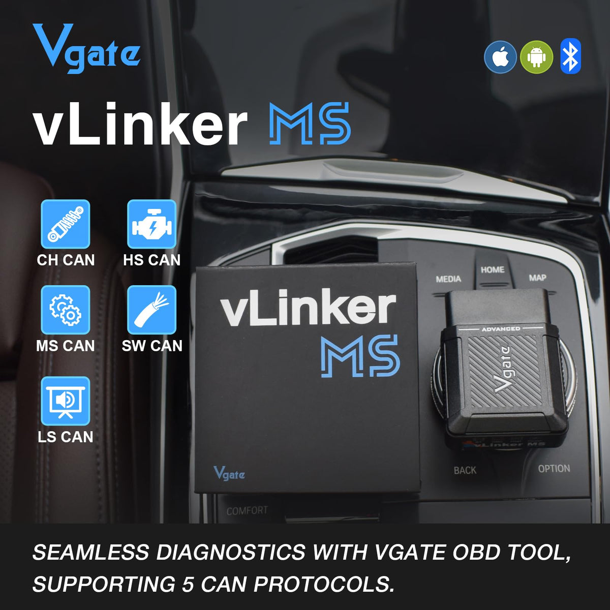 Vgate vLinker MS next to a credit card showing compact size and easy storage advantage