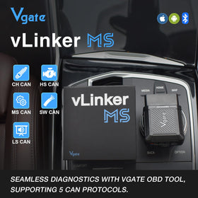 Vgate vLinker MS next to a credit card showing compact size and easy storage advantage