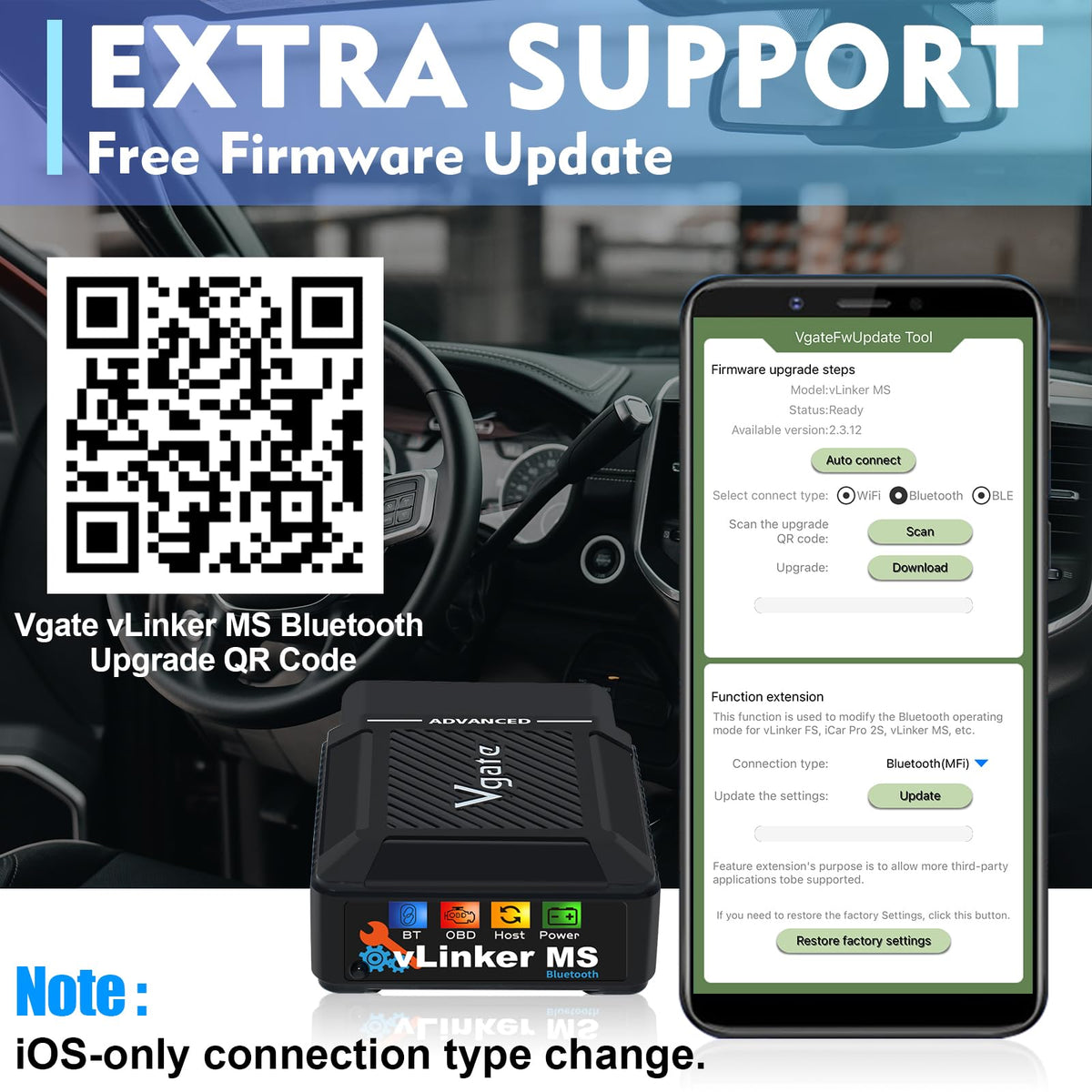 Vgate vLinker MS paired with Android app screen showing multi-CAN diagnostics benefit
