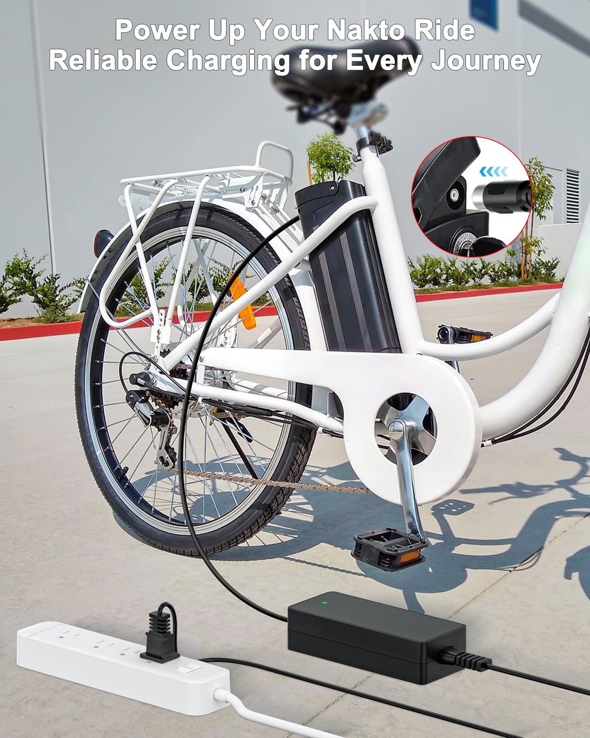 vhbw charger connected to Nakto Camel eBike demonstrating easy home charging benefit