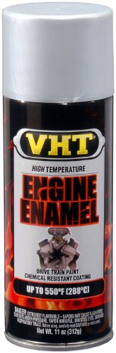 close-up of VHT Nu-Cast Aluminum sprayed texture, brand shows heat-resistant sheen