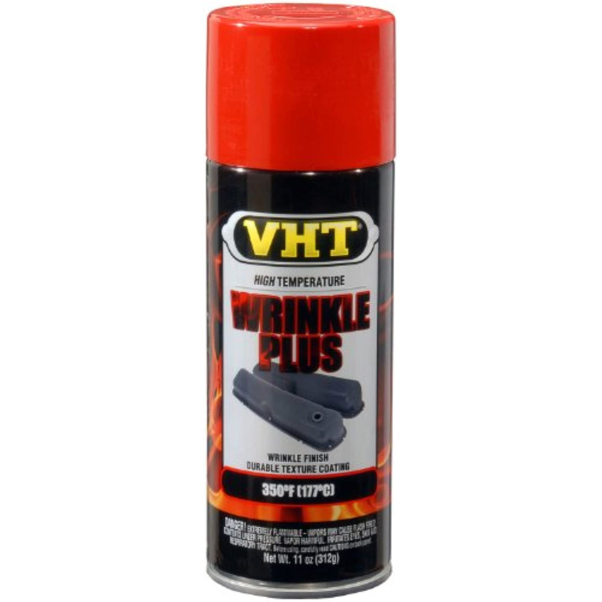 VHT red wrinkle spray can front view showing label and easy-use nozzle for durable finish
