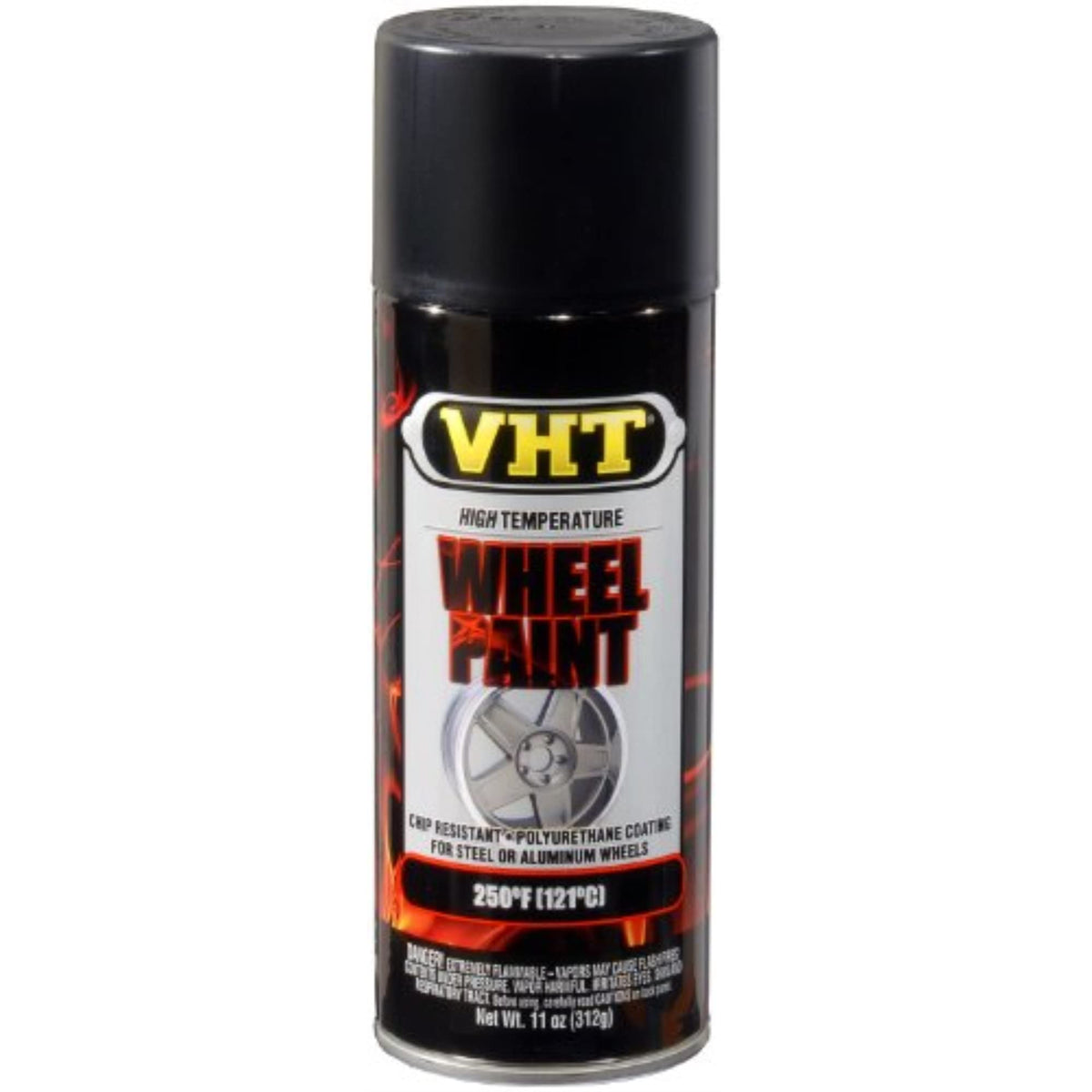 VHT spray can front view showing label and durable satin-black finish