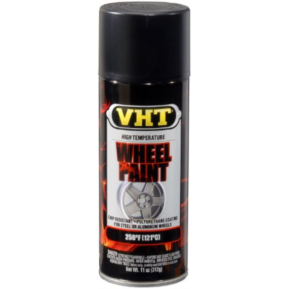 VHT spray can front view showing label and durable satin-black finish