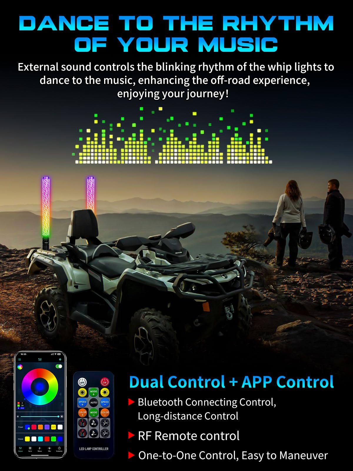 VI9000 whips installed on UTV at night improving visibility and trail presence