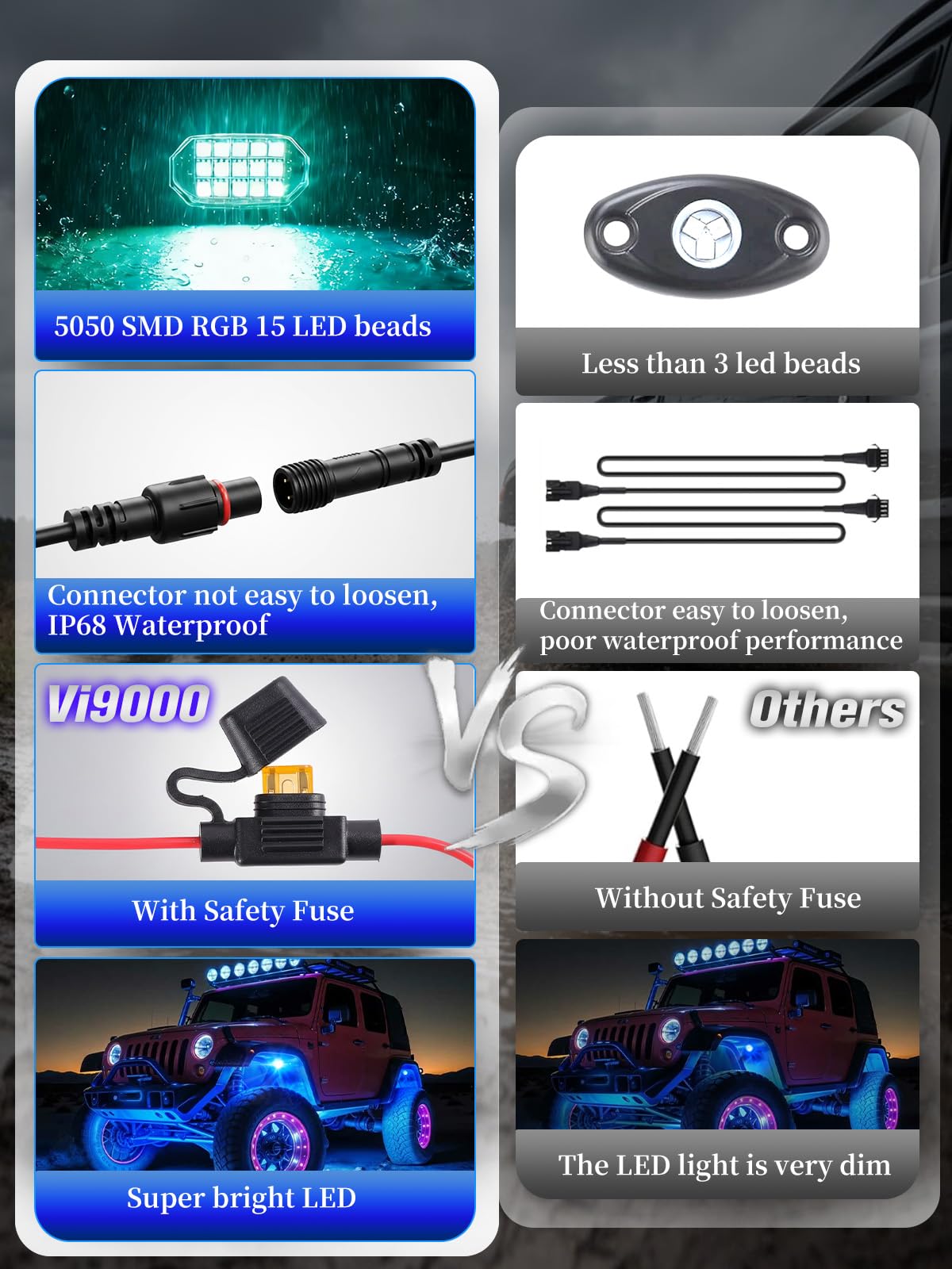 VI9000 rock lights synced to music on a night ride creating dynamic, attention-grabbing effects