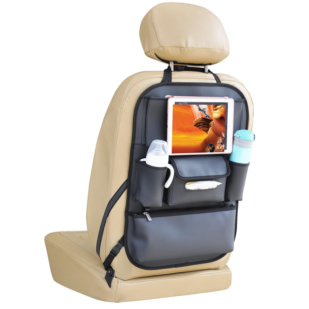 Viaviat front view of kick mat protecting seat and organizing items