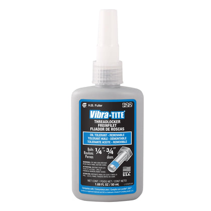 Vibra-TITE bottle front view showing label and removable blue threadlocker benefit