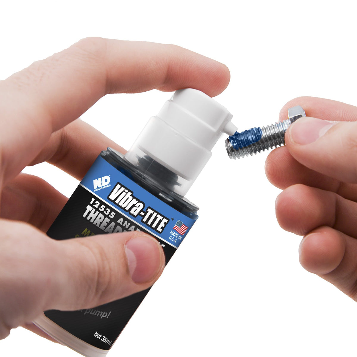 Vibra-TITE 125 gel being applied to a steel bolt threads demonstrating secure sealing benefit