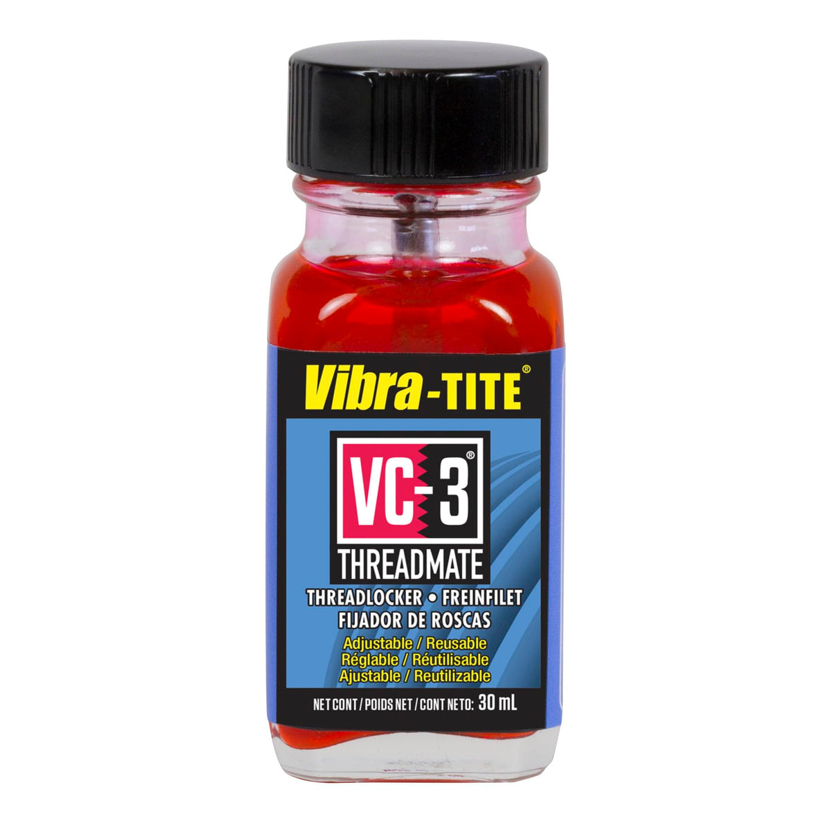 Vibra-TITE VC-3 front bottle showing label and red liquid, clear identification benefit