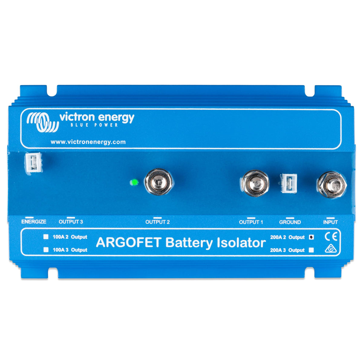 Victron Energy Argofet front view showing compact housing and mounting points for easy installation