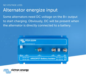 Victron Energy Argofet beside a battery for scale showing compact footprint and space-saving benefit