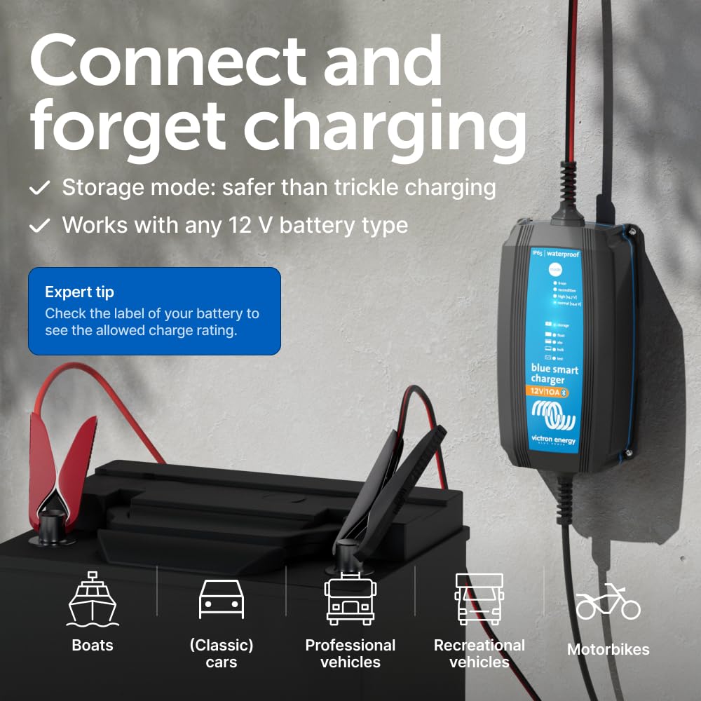 Victron Energy alligator clips attached to battery for quick, temporary charging convenience