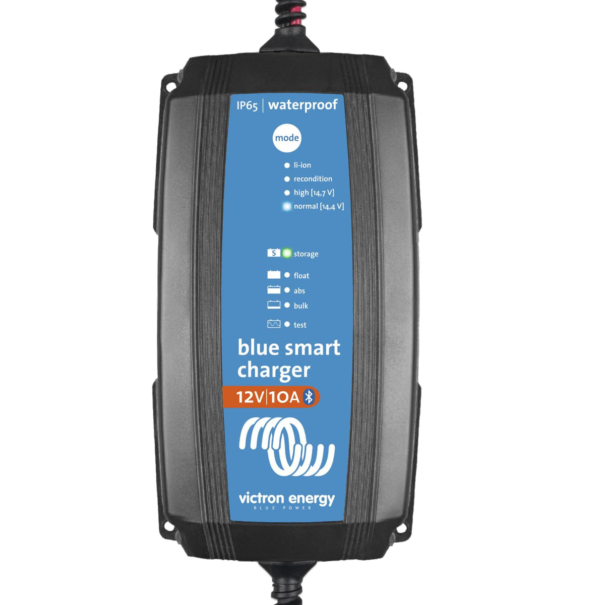 Victron Energy front view of charger showing compact IP65 case and ports, robust protection