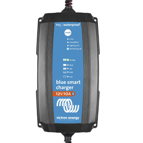 Victron Energy front view of charger showing compact IP65 case and ports, robust protection