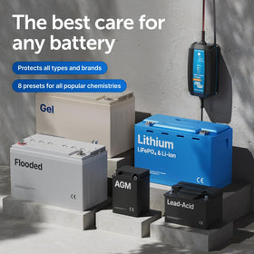 Victron Energy unit connected to a boat battery demonstrating marine-ready splash resistance