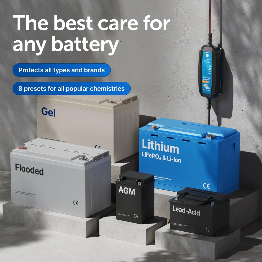 Victron Energy charger connected to a motorbike battery showing space-saving field use
