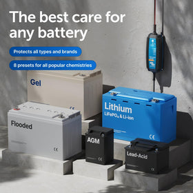 Victron Energy charger connected to a motorbike battery showing space-saving field use