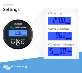 Victron Energy monitor next to a smartphone for scale and easy readability