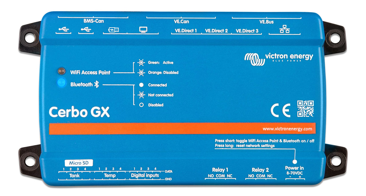 Victron Energy Cerbo GX front panel showing compact design and quick access