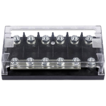 Victron Energy six-way MEGA fuse holder front view showing organized fuse positions and safe access
