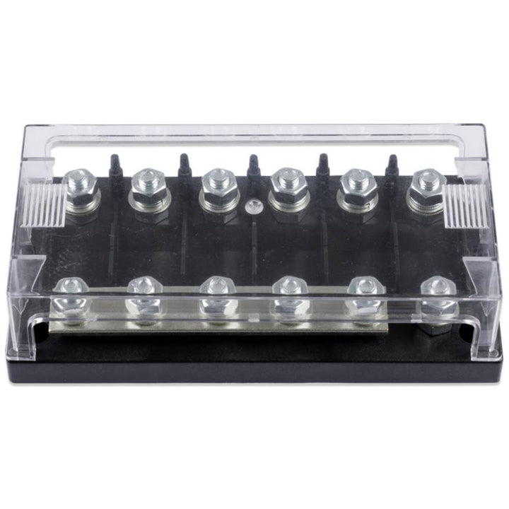 Victron Energy six-way MEGA fuse holder front view showing organized fuse positions and safe access
