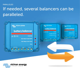 Victron Energy balancer next to a 12V battery showing size comparison for easier planning