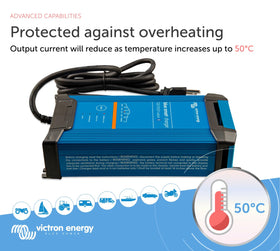 Victron Energy charger connected to a car battery in a garage, dependable battery maintenance