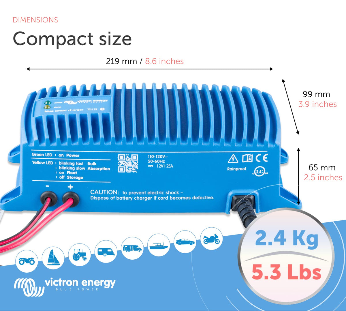 Victron Energy next to smartphone showing compact size and space-saving benefit