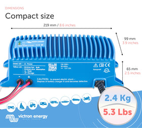 Victron Energy next to smartphone showing compact size and space-saving benefit