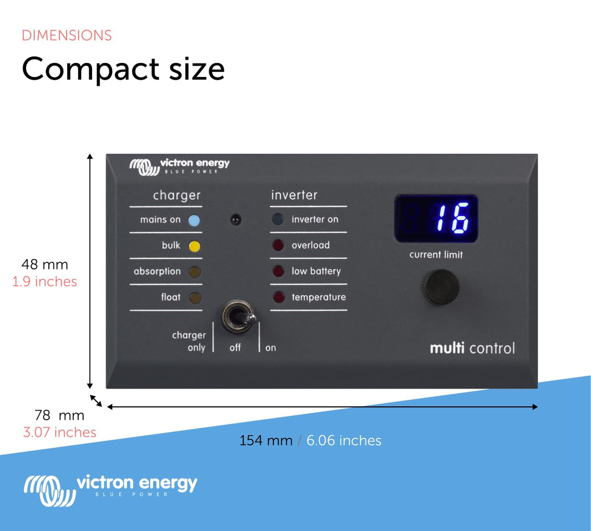 Victron Energy panel installed on boat dashboard enabling quick power mode changes