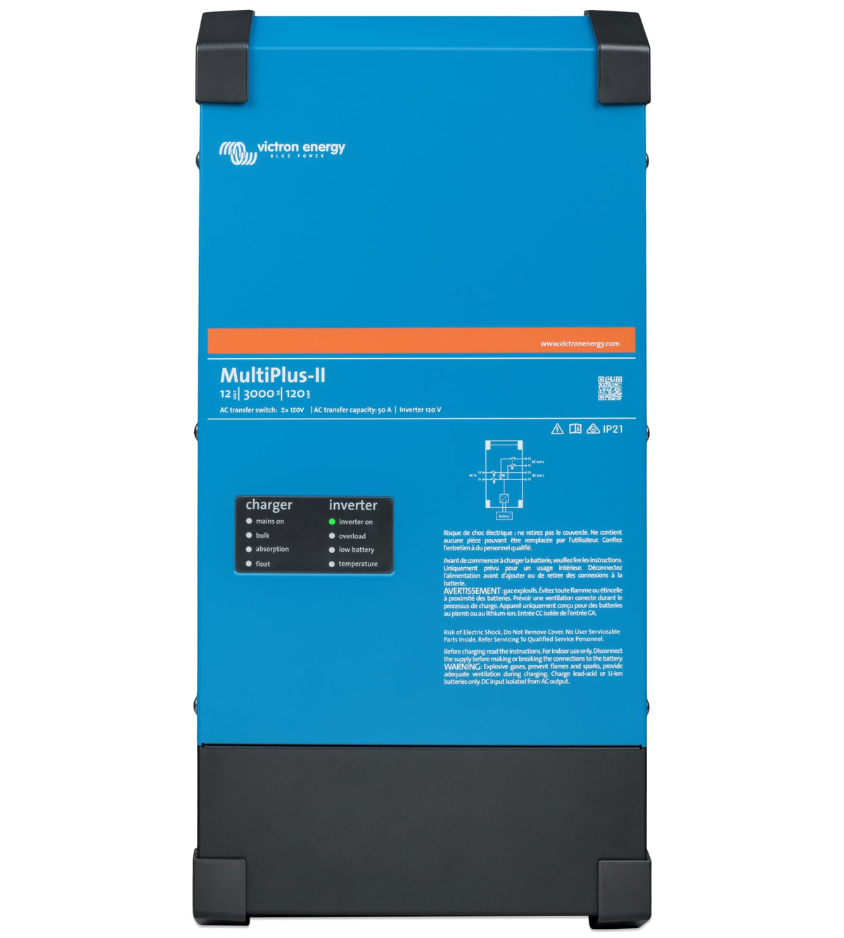 Victron Energy front panel showing controls and LED indicators for reliable operation