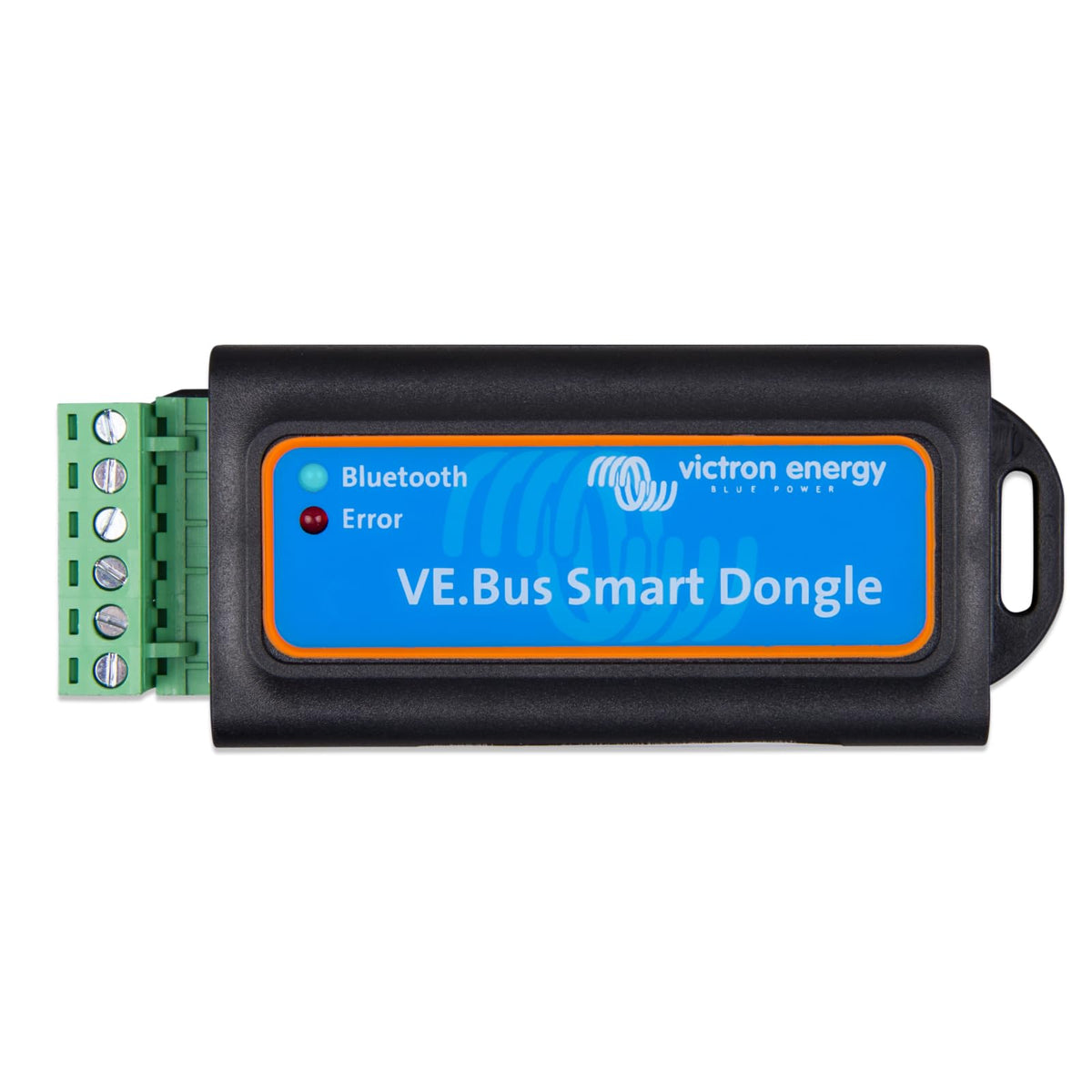 Victron Energy dongle front view showing compact Bluetooth body and easy install benefit