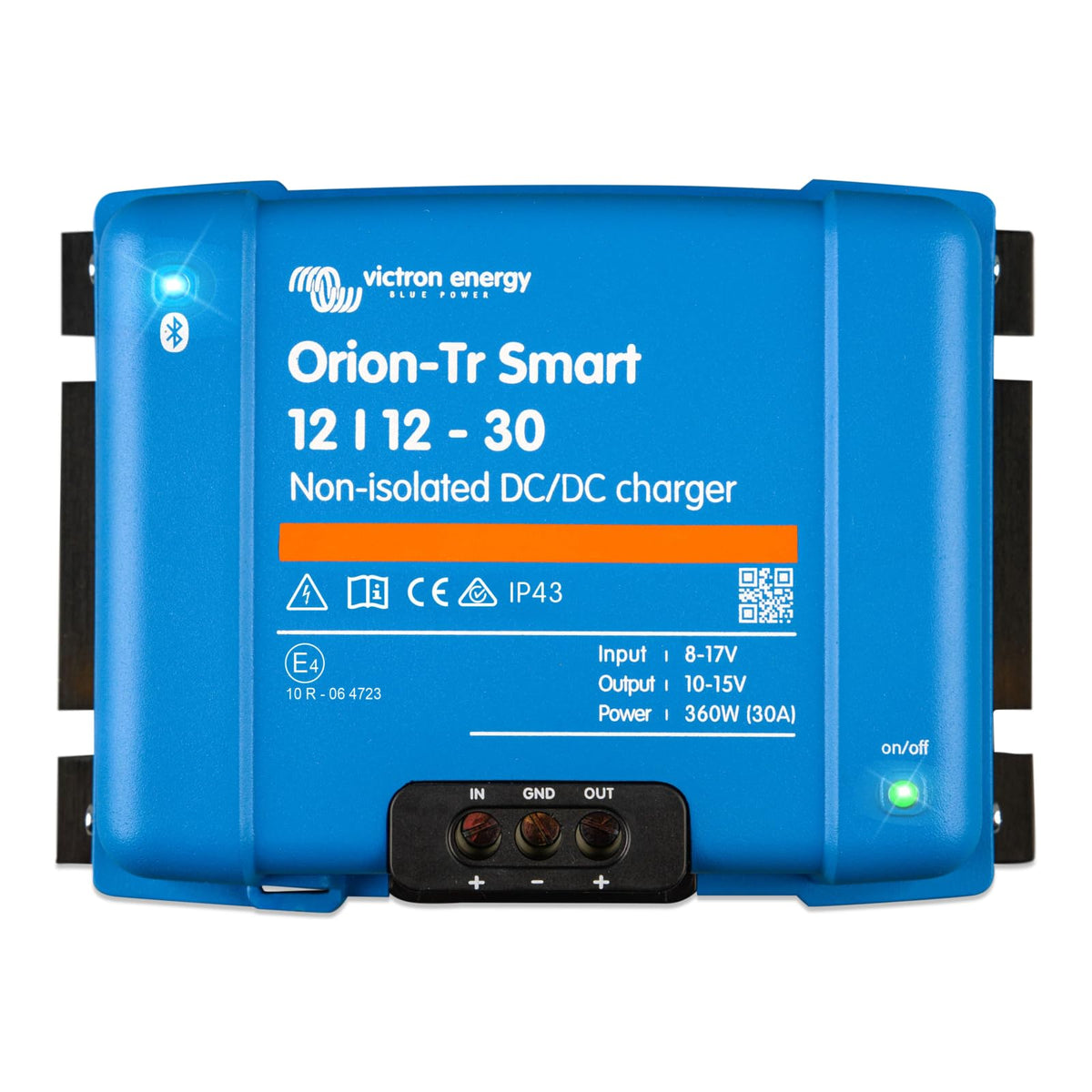 Victron Energy Orion-Tr front view showing compact charger and labels for easy identification and reliability