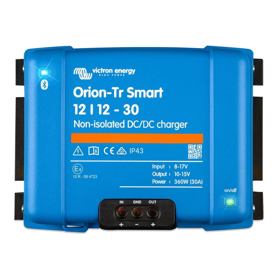 Victron Energy Orion-Tr front view showing compact charger and labels for easy identification and reliability