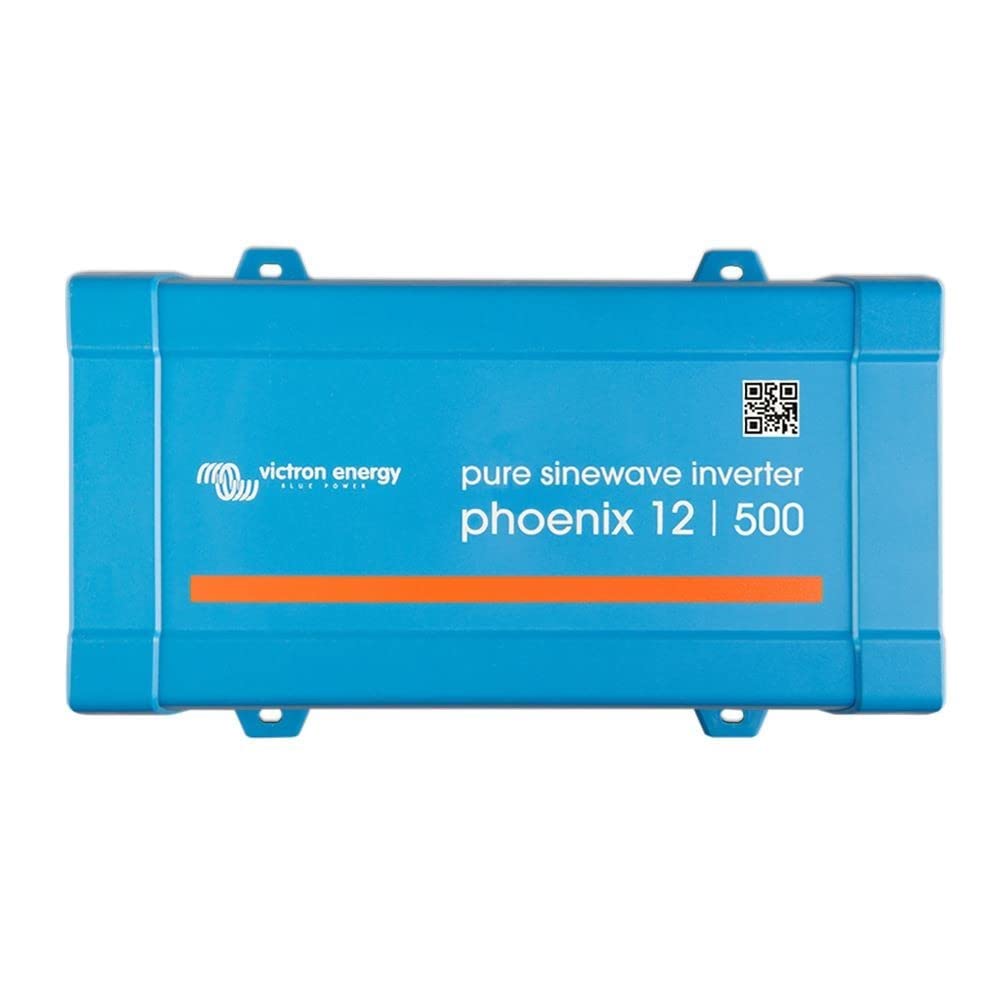 Victron Energy Phoenix 500VA beside a hand and battery for scale demonstrating compact, space-saving size