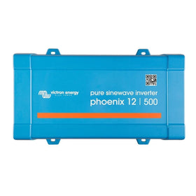 Victron Energy Phoenix 500VA beside a hand and battery for scale demonstrating compact, space-saving size