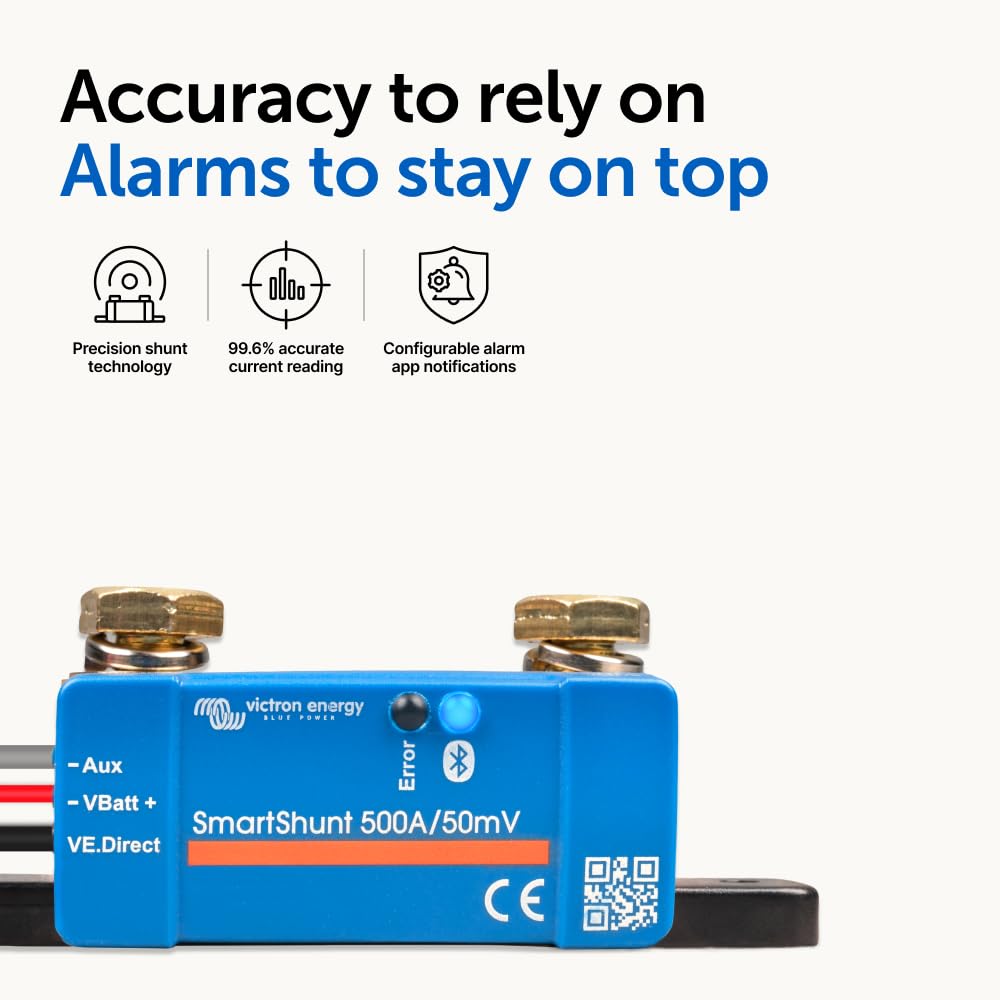 VictronConnect app screenshot displaying SmartShunt live battery data for quick insight