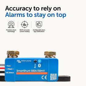 VictronConnect app screenshot displaying SmartShunt live battery data for quick insight