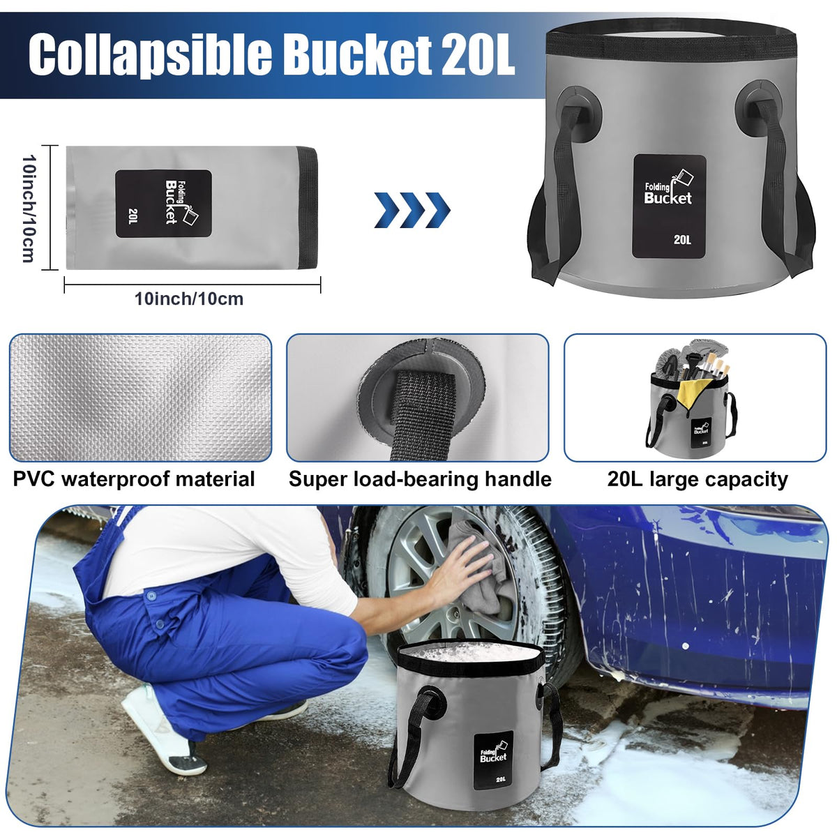 Viewsun collapsible 21L bucket paired with spray bottle for portable car washes