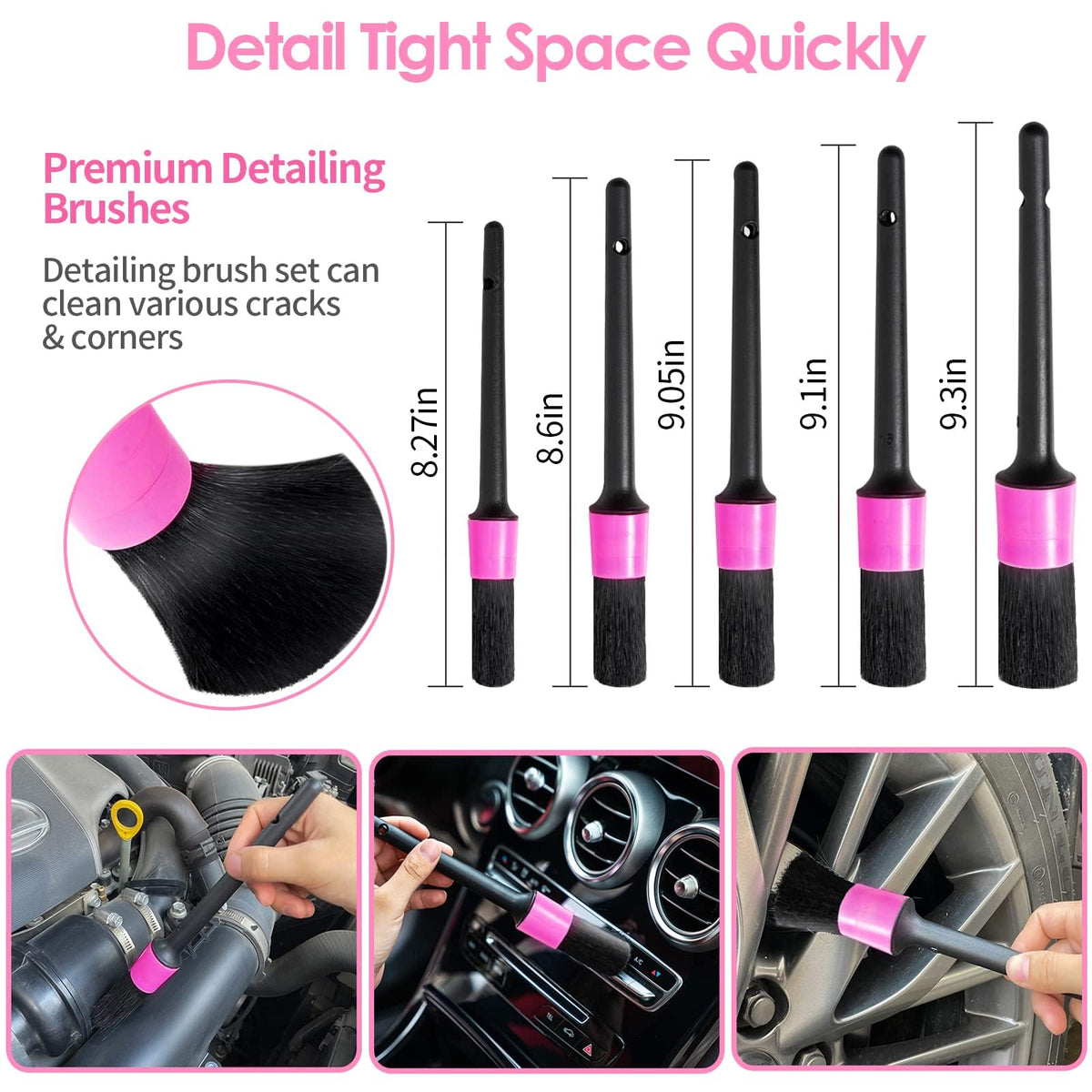 Viewsun detailing brushes layout showing varied brush sizes for precise crevice cleaning