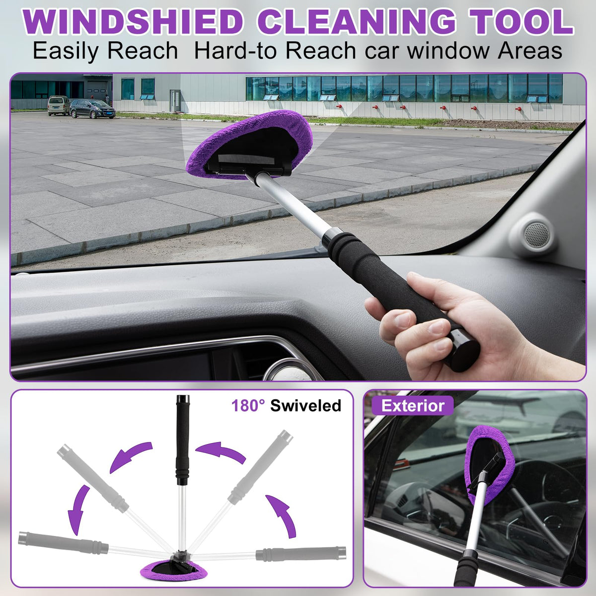 Viewsun extendable windshield cleaner close-up showing swivel head for streak-free glass