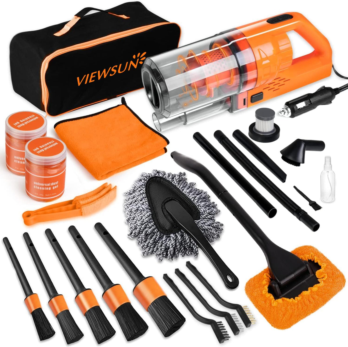Viewsun front packaging and high-suction handheld vacuum showing compact design and portability