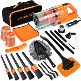 Viewsun front packaging and high-suction handheld vacuum showing compact design and portability